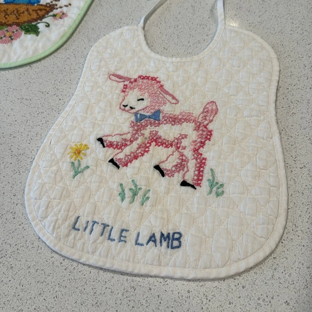 Vintage Cross Stitch Embroidered Baby Little Lamb Wise Owl baby blue bird set 3